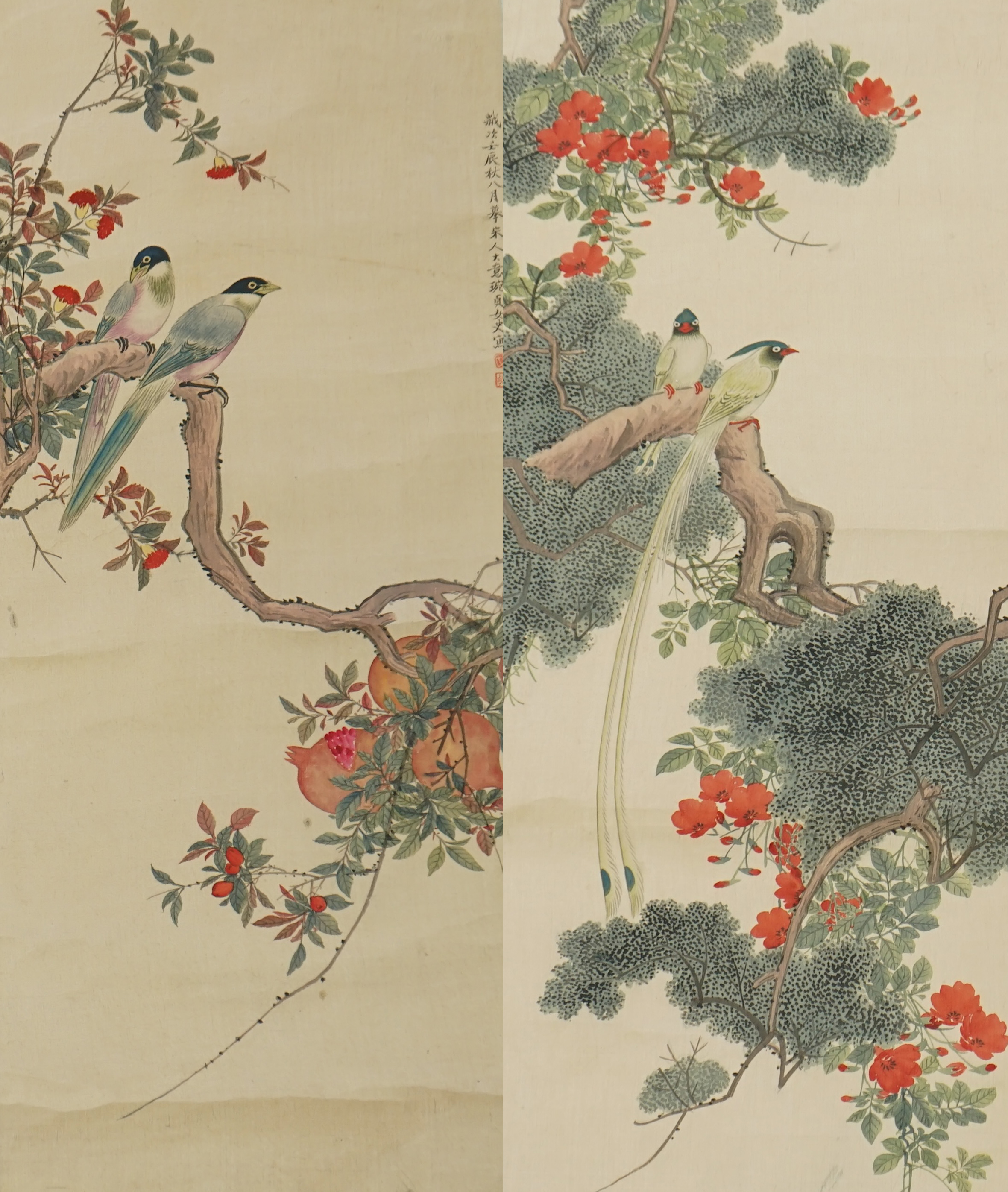 Chinese School, late 19th century, a pair of scroll paintings on silk of birds